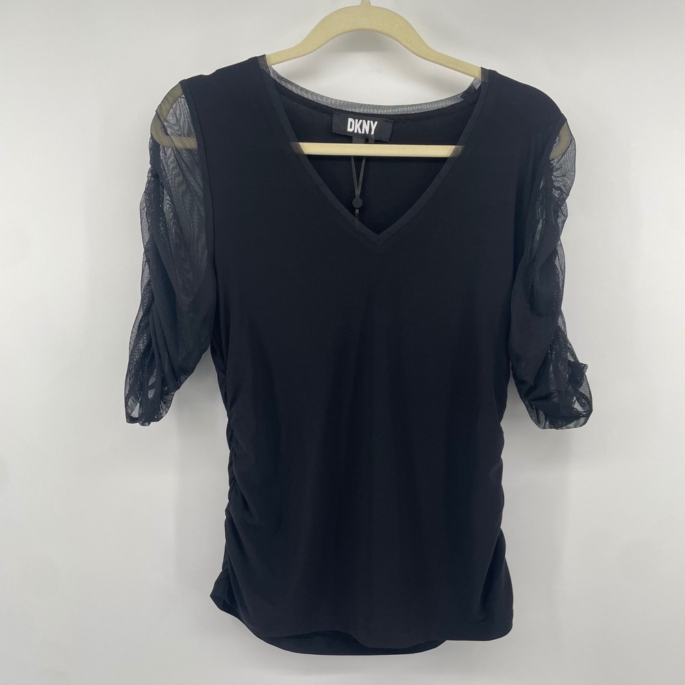 DKNY Mesh Sleeve Top Womens Medium Black Ruched V-Neck Sheer NWT